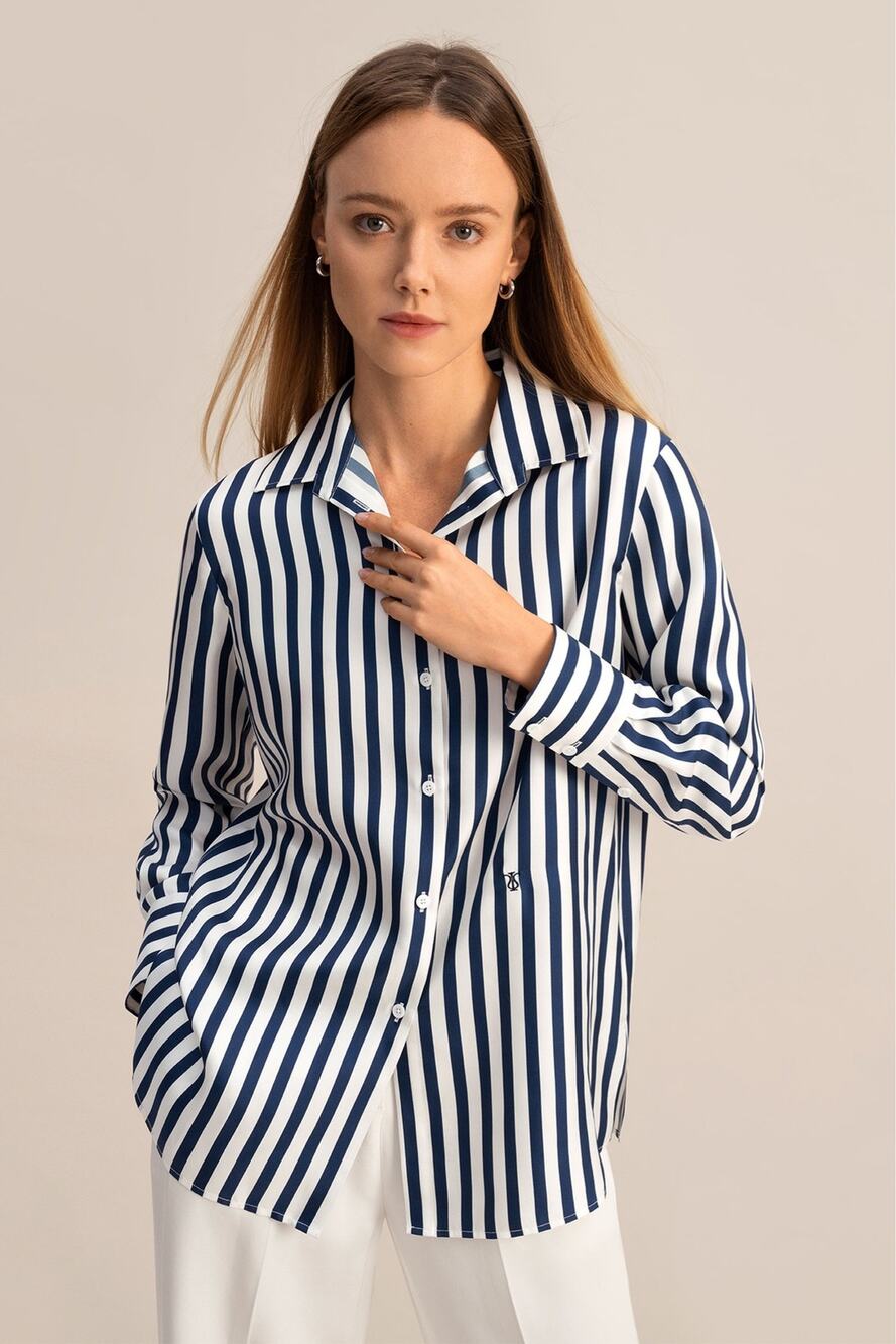 Lilysilk Women's Almafi Blue & White Stripe Silk Button Down Shirt Size XS